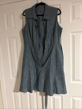 Sleeveless Button-Front Mini Dress in Slate Blue Chambray with poc
